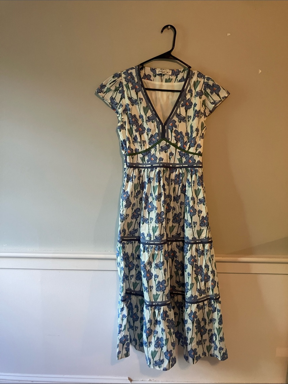 She and Sky White Midi Dress with Blue Floral Print